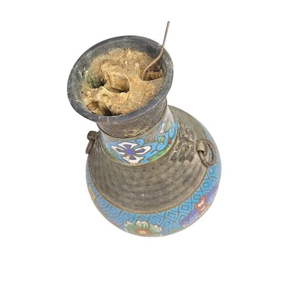 Japanese Champleve Vase Enamel Floral Water Lilies Ring Handles - Picture 6 of 6